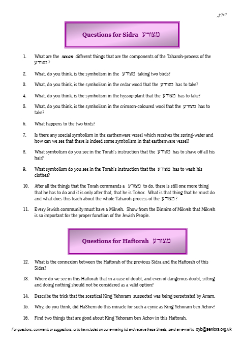 Questions on the Sidra — Parshas Tazria-Metzora