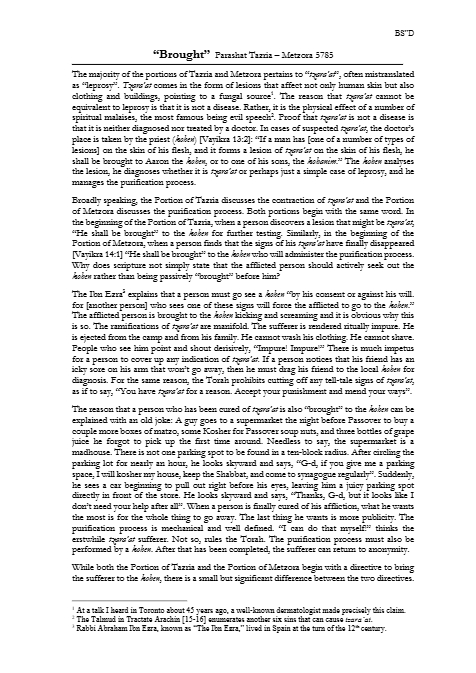 Torah Papers — Parshas Tazria-Metzora