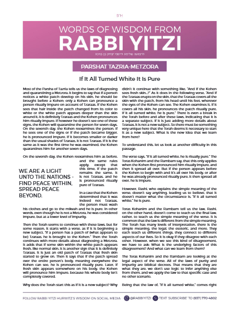 Words of Wisdom from Rabbi Yitzi — Parshas Tazria-Metzora