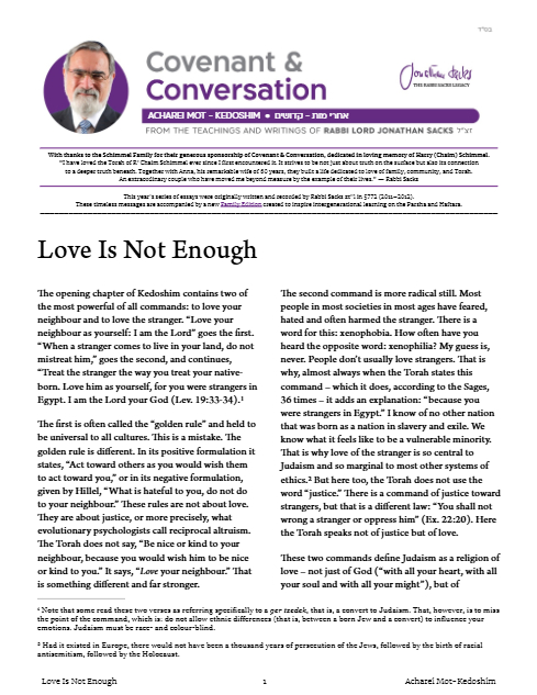 Covenant & Conversation — Parshas Acharei Mos-Kedoshim