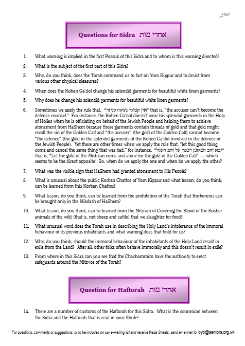 Questions on the Sidra — Parshas Acharei Mos-Kedoshim