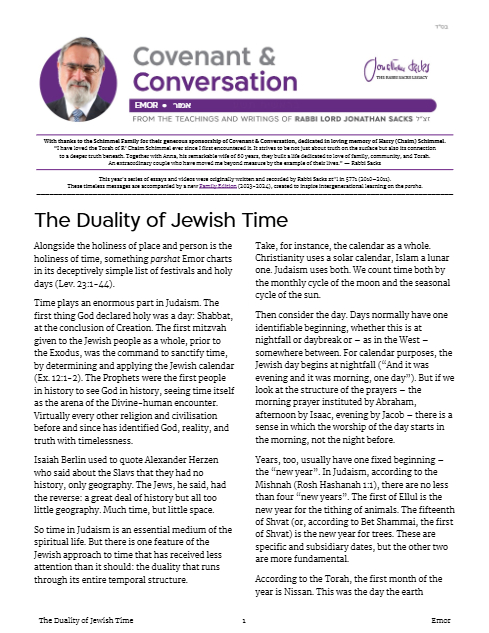 Covenant & Conversation — Parshas Emor