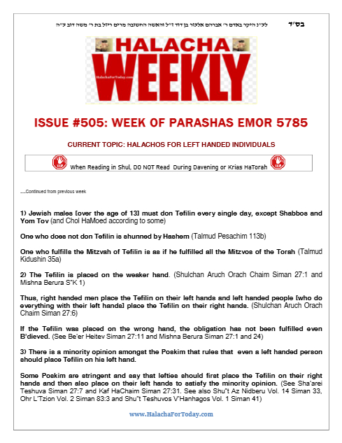 Halacha Weekly — Parshas Emor