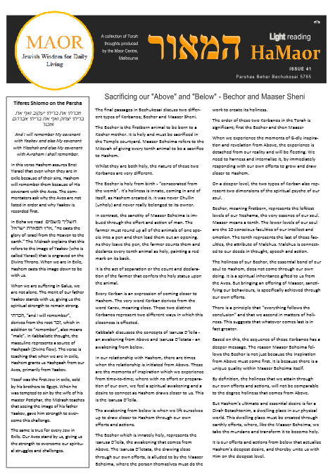 MAOR CENTRE publications  — Parshas Behar-Bechukosai