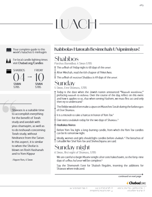 Chabad.org Luach — Parshas Bamidbar