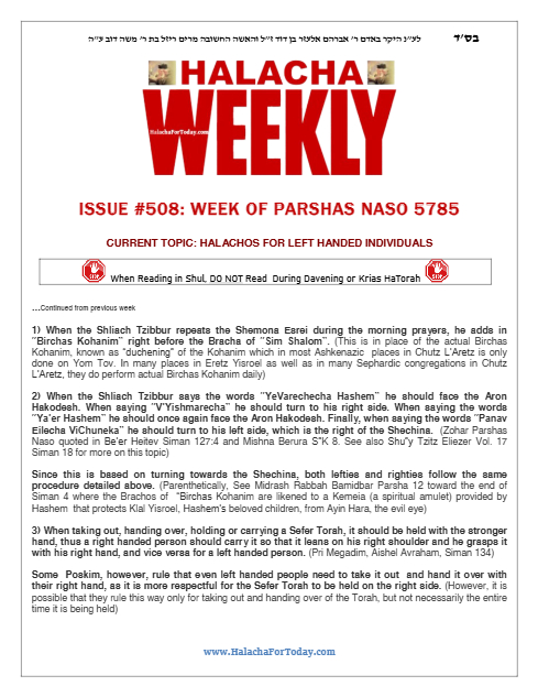 Halacha Weekly — Parshas Naso