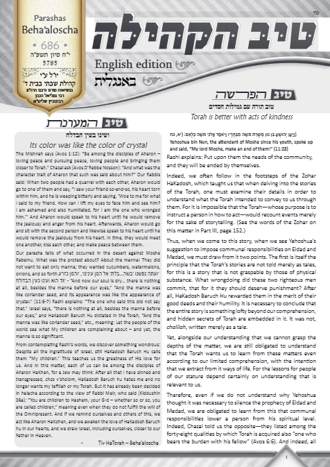 טיב הקהילה English — Parshas Behaalotcha