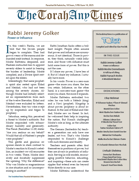 The Torah Anytimes — Parshas Behaalotcha