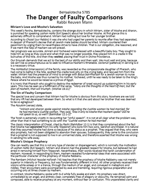 Torah Papers — Parshas Behaalotcha