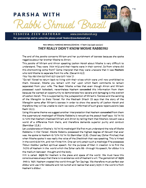 Parsha with Rabbi Shmuel Brazil — Parshas Behaalotcha