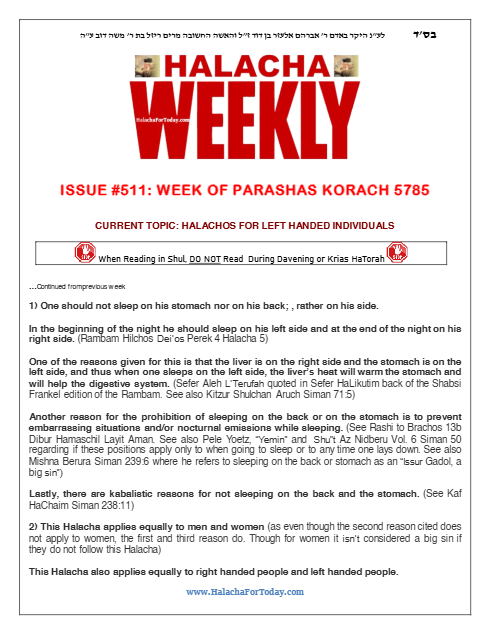 Halacha Weekly — Parshas Korach