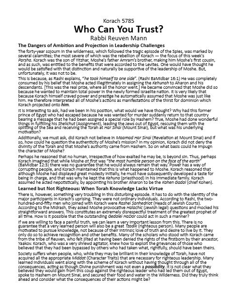 Torah Papers — Parshas Korach