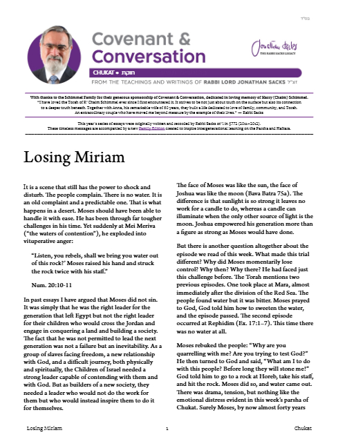Covenant & Conversation — Parshas Chukas