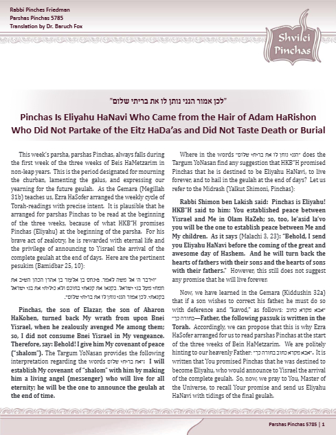 Shvilei Pinchas — Parshas Pinchas