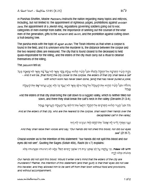 Michal Horowitz - Shiurim & Classes — Parshas Shoftim