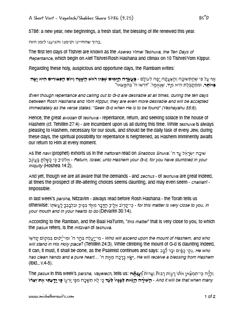 Michal Horowitz - Shiurim & Classes — Parshas Vayelech
