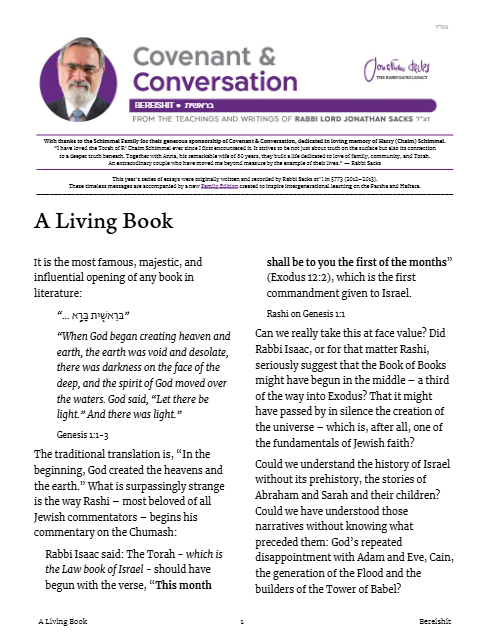 Covenant & Conversation — Parshas Bereishis