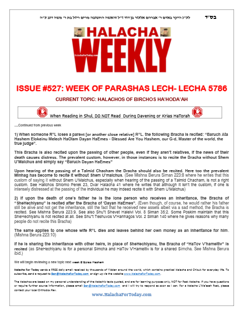 Halacha Weekly — Parshas Lech-Lecha
