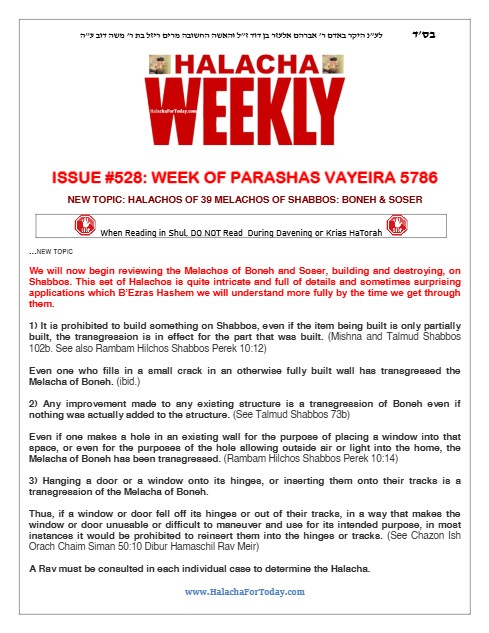 Halacha Weekly — Parshas Vayeira