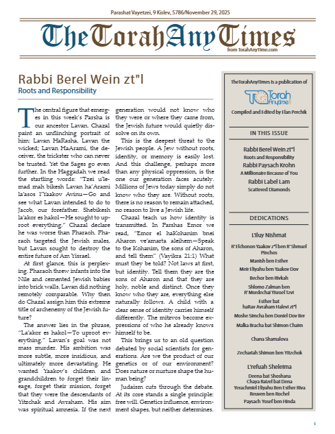 The Torah Anytimes — Parshas Vayeitzei