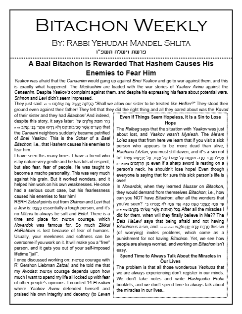 Bitachon Weekly — Parshas Vayishlach