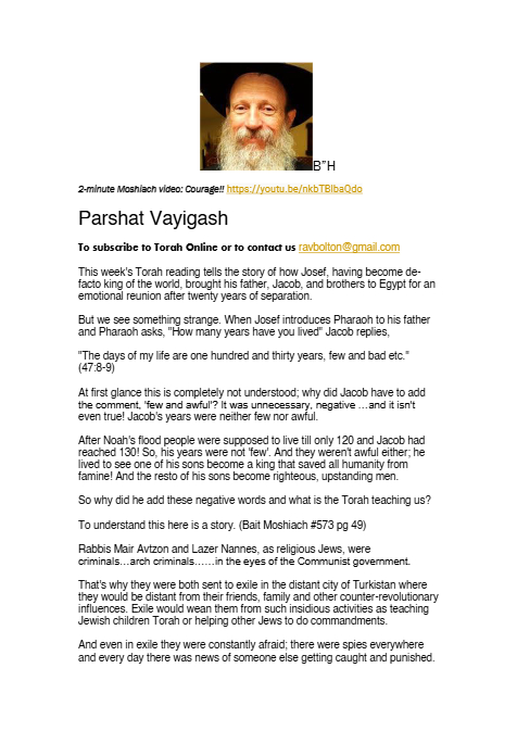 Rabbi Tuvia Bolton — Parshas Vayigash