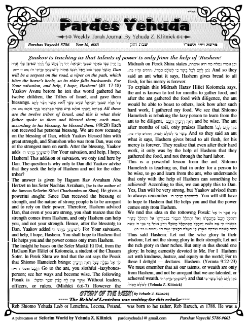 Pardes Yehuda — Parshas Vayechi