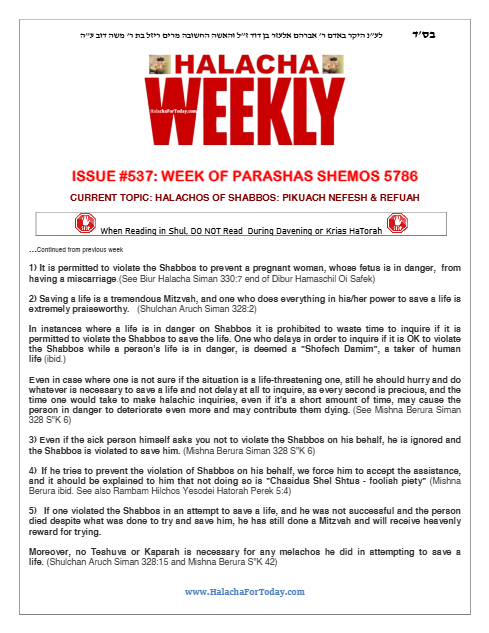 Halacha Weekly — Parshas Shemos