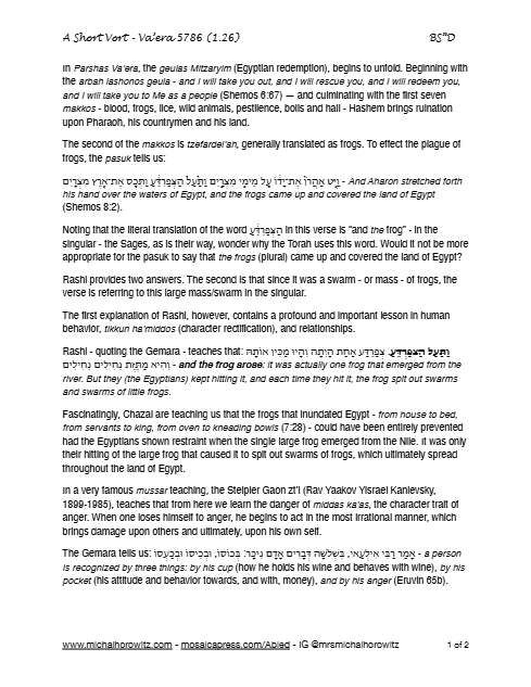 Michal Horowitz - Shiurim & Classes — Parshas Va'eira