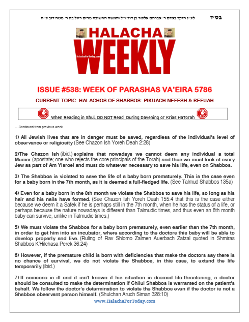 Halacha Weekly — Parshas Va'eira