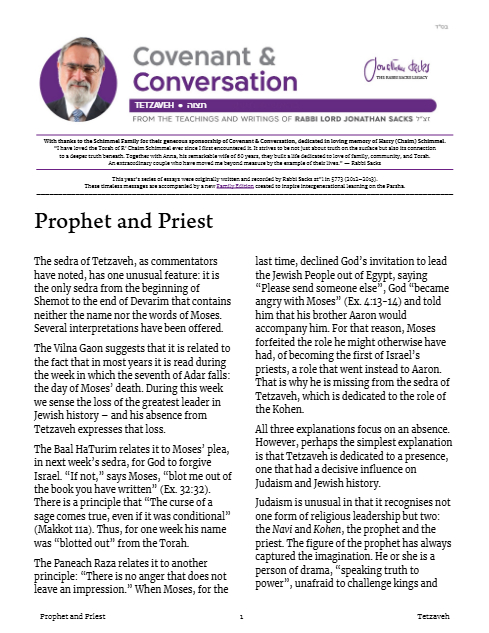 Covenant & Conversation — Parshas Tetzaveh