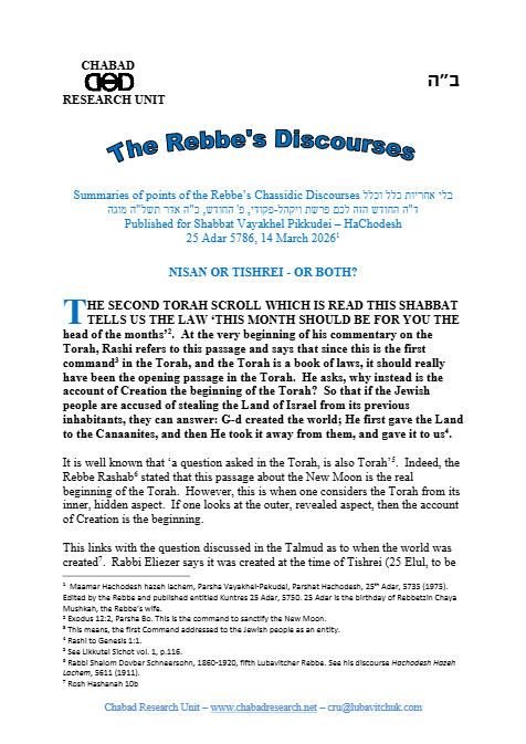 Chabad Research Unit — Parshas Vayak'hel-Pekudei