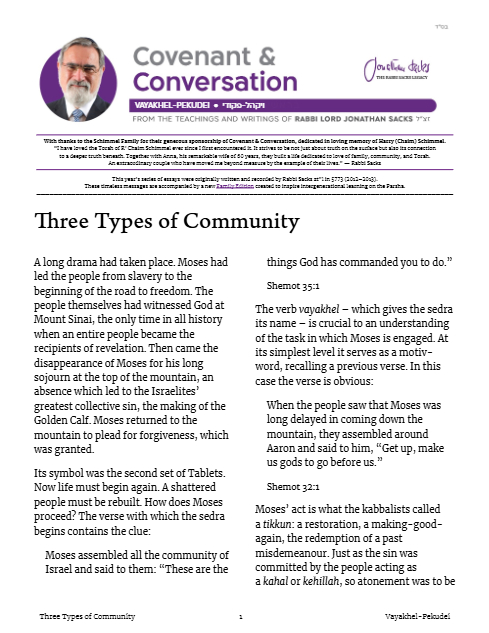 Covenant & Conversation — Parshas Vayak'hel-Pekudei