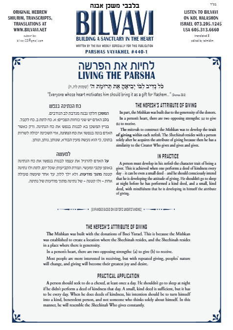 Bilvavi — Parshas Vayak'hel-Pekudei