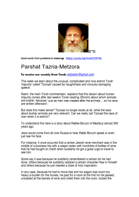 Rabbi Tuvia Bolton — Parshas Tazria-Metzora