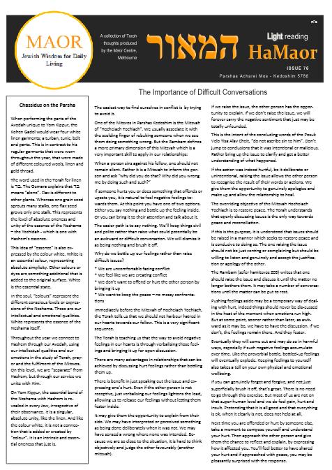MAOR CENTRE publications  — Parshas Acharei Mos-Kedoshim