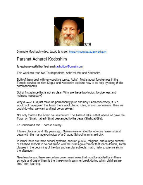 Rabbi Tuvia Bolton — Parshas Acharei Mos-Kedoshim