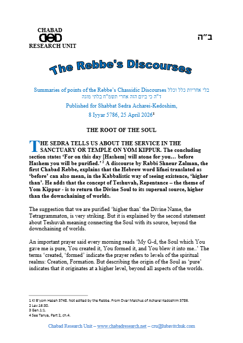 Chabad Research Unit — Parshas Acharei Mos-Kedoshim