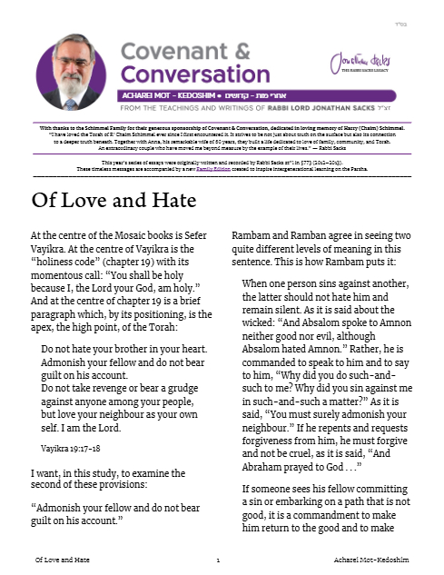 Covenant & Conversation — Parshas Acharei Mos-Kedoshim