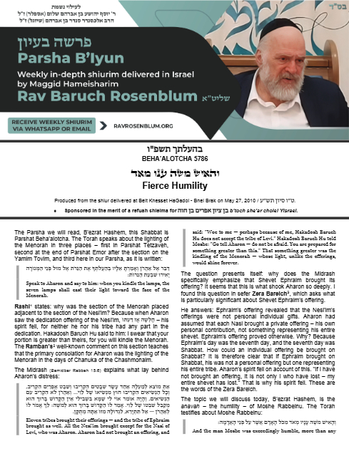 Parsha B'Iyun — Parshas Behaalotcha