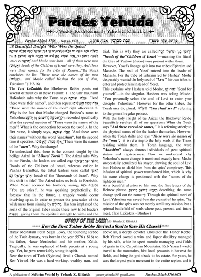 Pardes Yehuda — Parshas Shlach
