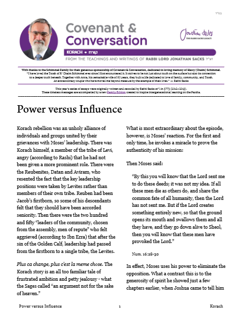 Covenant & Conversation — Parshas Korach-Chukas