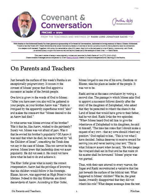 Covenant & Conversation — Parshas Pinchas